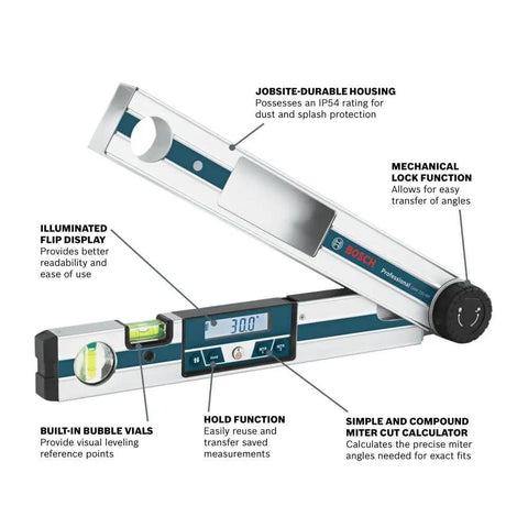 No Sweat Heavy Duty Digital Angle Finder Miter Calculator Protractor Level with illuminated display and built-in bubble vials.