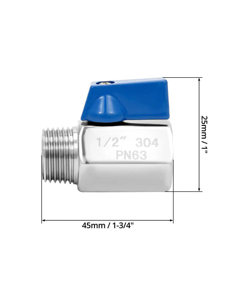 304 Stainless Steel Ball Valve with 1/2 Inch NPT Male Threads, side view showing dimensions, 4 Pack Durable 304 Stainless Steel Ball Valve With 1/2 Inch NPT Female And Male Threads Shut Off Valves For Quick, Leak-Free Piping Connections Built For Long-Lasting Beefy Strength, Corrosion-Resistant, Double Seal Design, Plug-And-Play Easy To Install.