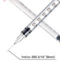 Disposable Syringe 30G 1ml U-100, 5/16 Inch 8mm showing clear volume markings and needle tip close-up