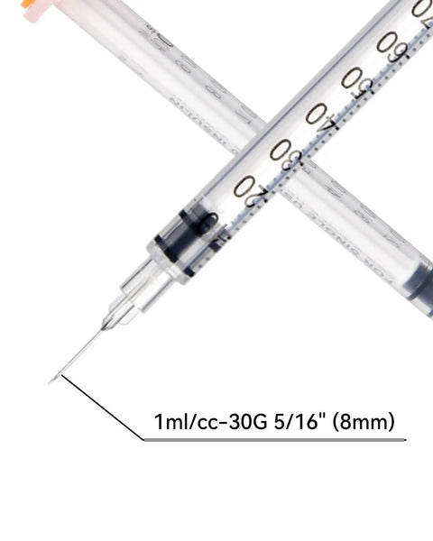 Disposable Syringe 30G 1ml U-100, 5/16 Inch 8mm showing clear volume markings and needle tip close-up