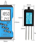 All In One Soil Tester With NPK pH Moisture And EC Readings, Pro Grade Digital Sensor Kit with dimensions and blue body