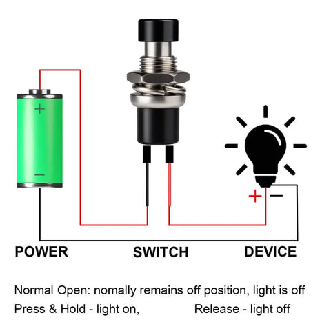 Mini Prewired 7mm Black Momentary Push Button Switches 2 Pin SPST No NC On Off diagram showing power, switch, and device connections