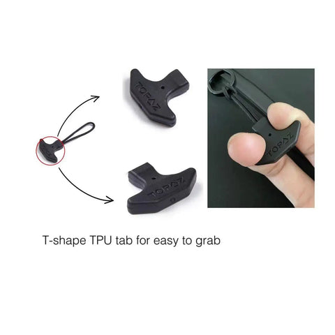 Close-up of Built-To-Last T-Shape Zipper Pulls with Eco-Friendly TPU Cord Handle and Durable Nylon, shown being used on fingers.
