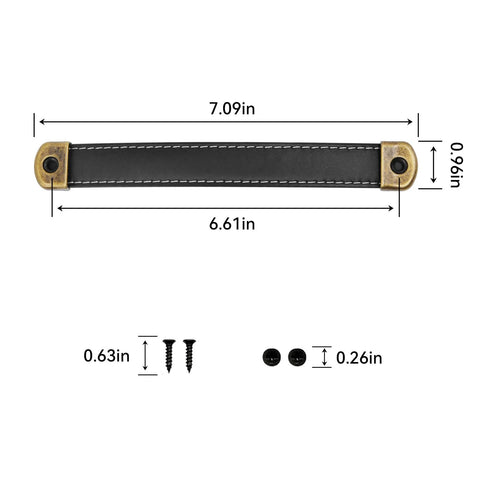 Dimensions of Two Pack Black Leather Drawer Handles With Mounting Screws for Cabinets, Drawers, Trunks and Suitcases.