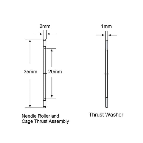 Diagram of AXK2035 thrust needle roller bearings with washers for 20mm bore, 35mm OD, 2mm width, showing dimensions and assembly.