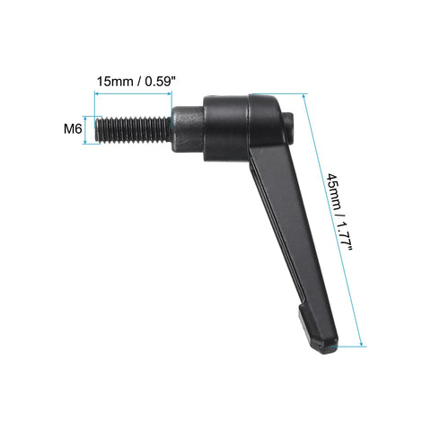 5 Pack Heavy Duty Quick Swap Clamping Levers Tough As Nails M6 Locking Handles Black Oxide Carbon Steel 45mm tool knob side view with measurements.