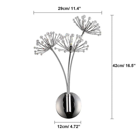 Crystal Glass 3 Light Dandelion Wall Sconce In Brushed Nickel Stainless Steel Mount with dimensions for bedroom decor.