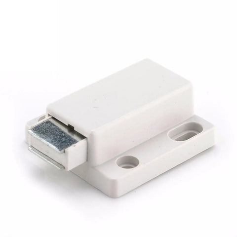 White magnetic push latches for cabinets and drawers, quiet soft close cabinet catch with push to open touch damper, durable metal build