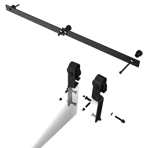 Bi Folding Sliding Barn Door Hardware Kit For Two Doors, showing black rails and J shape rollers, easy install components