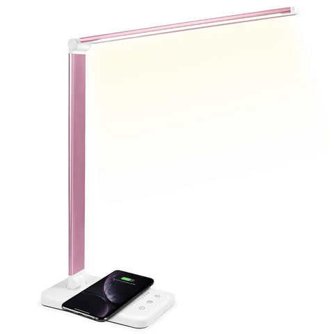 Game Changing LED Desk Lamp With Wireless Charger And USB Port, dimmable pink reading light, home office use, phone charging