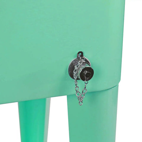 Close-up of drain sprout on 80 Qt Retro Rolling Cooler Ice Chest Cart With Shelf And Bottle Opener Seafoam Perfect For Backyard Bbqs And Bar Nights Keeps Drinks Cold For Days Party Ready