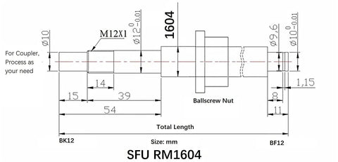 Detailed diagram of BK12 and BF12 couplings for Heavy Duty CNC Linear Motion Kit featuring 16 Mm Ballscrew with 960 Mm length.