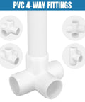 20 Pack 1/2 Inch Four Way PVC Fittings for DIY Furniture, showing multiple angles of white connectors for garden shelves and structures.
