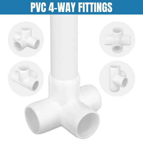 20 Pack 1/2 Inch Four Way PVC Fittings for DIY Furniture, showing multiple angles of white connectors for garden shelves and structures.