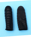 1000 Piece Black Latex Finger Sleeves Block Sneaky Sweat Smudges And Greasy Fingerprints From Messing With Pristine Hardware For Tough Shop Floor Crews And Weekend Gearheads Fixing Tight Builds, showing two latex fingertip covers on blue background.
