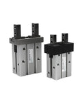 Two Heavy Duty Pneumatic Finger Mask Machine Cylinders MHZ2 Series Parallel Clamp Manipulator for Industrial Fabrication.
