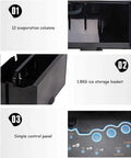 Close-up showing features of Badass Compact Countertop Ice Maker including 12 evaporation columns and control panel.