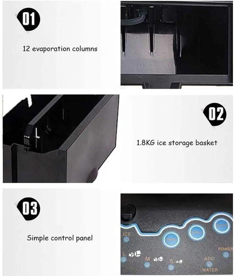 Close-up showing features of Badass Compact Countertop Ice Maker including 12 evaporation columns and control panel.