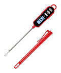 Waterproof Digital Cooking Thermometer with Five Point One Inch Long Probe for Bread Baking and Meat Temp Water Temp Measurement Backlit Red Display IPX6 Waterproof Highly Accurate Within One Degree Celsius, shown with red casing and cap.