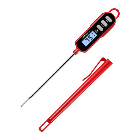 Waterproof Digital Cooking Thermometer with Five Point One Inch Long Probe for Bread Baking and Meat Temp Water Temp Measurement Backlit Red Display IPX6 Waterproof Highly Accurate Within One Degree Celsius, shown with red casing and cap.
