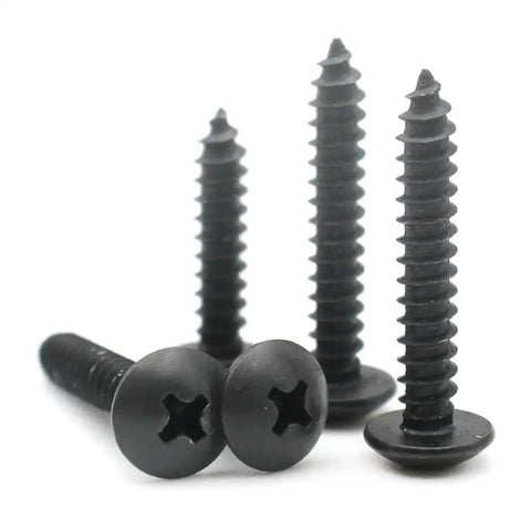 Stainless Steel Mushroom Head Wood Screws 30mm Set M3 to M6 Cross Recessed Large Round Head Fasteners displayed. Black finish visible.