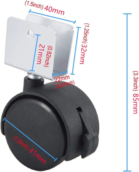 Heavy Duty 1.5 Inch Swivel Caster Wheels With Locking Brake For Furniture, detailed view with dimensions and U shape bracket.