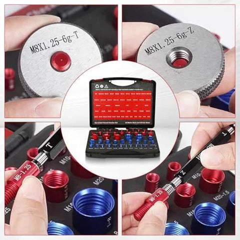 48-piece bolt thread checker set with metric and standard gauges in red case; metal round disks and color-coded inserts.