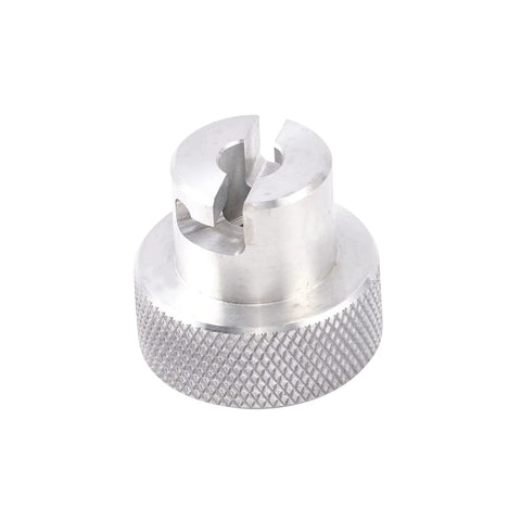 6061 aluminum bottle jack valve knob with knurled silver base, front view