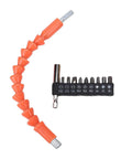 Heavy Duty Cordless Electric Drill Kit With Ergonomic Soft Touch Grip And Rapid Bit Exchange showing orange flexible shaft and assorted bit sizes.