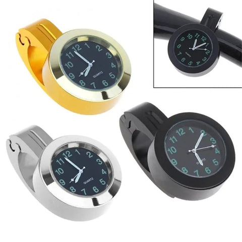 Premium Billet Aluminum Motorcycle Clock With Easy Handlebar Mount in gold, silver, and black colors mounted on bike handlebars.