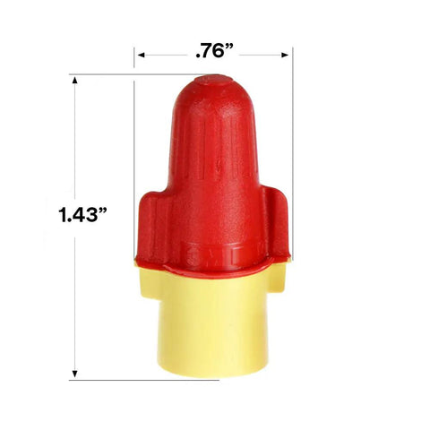 No-Fuss Performance Plus Wire Connectors Set With Flexible Steel Spring For 22-8 AWG Wires Red And Yellow Color Coding Strong Biting Spring For Secure Reusable Pigtail Joints Pack Of 100 shown with dimensions 1.43" x .76"