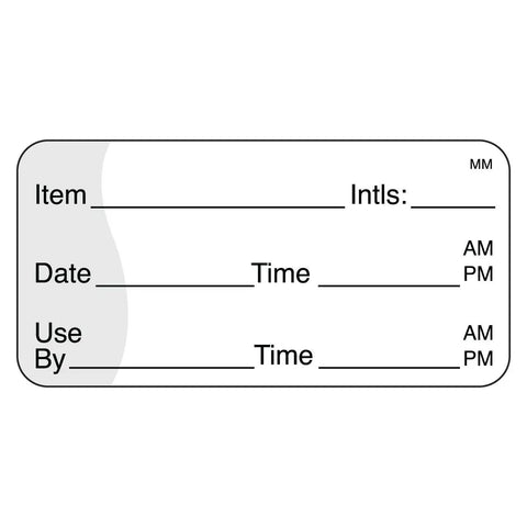 Image of removable date and time use by shelf life label for food storage 1 inch by 2 inch, peelable and freezer safe, applies to dry surfaces.
