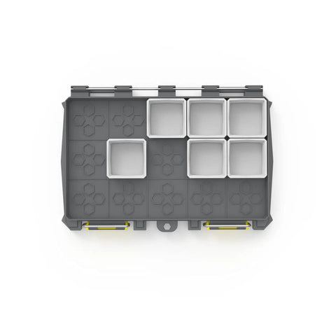 Top view of Customizable 1x1T Thin Bins For Tackle Boxes With Interlocking Seal HexLok Grid Flexible Inside Layout No Travel Bins