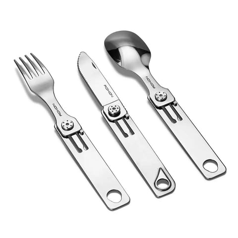 All In One Camping Utensils Set With Case Featuring Knife Spoon And Fork That Fold Magnetic For Easy Detachment And Storage