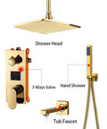 UMJIGF Shower System Ceiling Mounted Rainfall 12 Gold Shower Faucet components including shower head, hand shower, and valves.