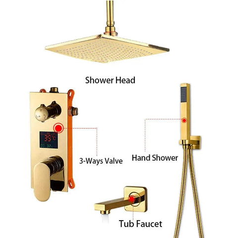 UMJIGF Shower System Ceiling Mounted Rainfall 12 Gold Shower Faucet components including shower head, hand shower, and valves.