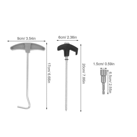 Heavy Duty Carbon Steel Tent Stakes Set With Plastic Head And Gray Remover Tool 8x200mm Screw Ground Anchors dimensions