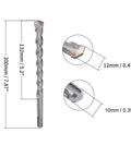 Masonry drill bit, 12 mm diameter × 200 mm length, carbide-tipped for SDS impact hammer drill; 10 mm round shank.