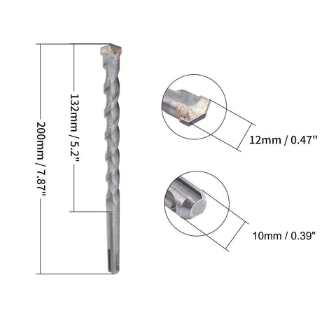 Masonry drill bit, 12 mm diameter × 200 mm length, carbide-tipped for SDS impact hammer drill; 10 mm round shank.