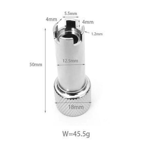 Second Stage Regulator Adjustment Tool For Scuba Diving With Four Slots Inline Drive, 50mm Chrome Plated Copper, Dimensions Shown
