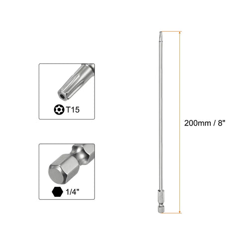 Top Shelf T15 Security Torx Bits With Hole, Dead Nuts Magnetic T Slot Screwdriver Bit, 1/4 Inch Hex Shank 8 Inch Long S2 Steel Tamper Resistant T Star Driver For Stubborn Fasteners, shown in close-up with T15 tip.