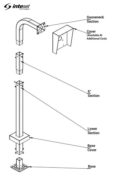 Top Shelf Gooseneck Pedestal For Card Readers And Access Control Keypads Featuring Adjustable Neck Setup and Solid Powder Coated Steel Frame parts diagram.