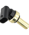 Factory Fit Engine Coolant Temperature Sensor 12641073 for GM platforms showing angled view, metallic body with black connector.