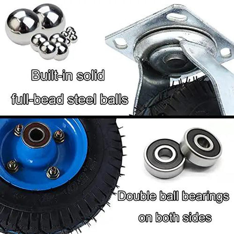 Heavy Duty Swivel Casters Pack Of 2 With Secure Brakes And Mounting Plates Featuring Kick Ass 200Kg Load Per Wheel Plus Badass Pneumatic Tires showing solid steel balls and double ball bearings.