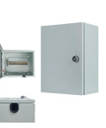 Steel waterproof wall-mounted electrical enclosure box with key lock and interior mounting rail, 25x20x12 cm