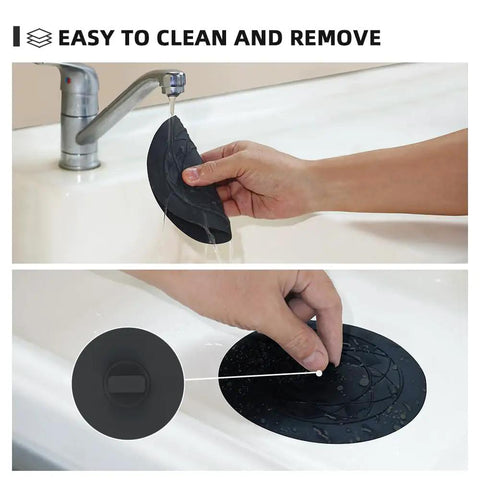Heavy Duty Silicone Tub Stopper Two Pack Standard Six Inch Drain Plug in use, easily cleaning under water faucet.