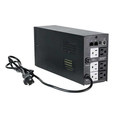 Back view of 600VA/360W UPS Battery Backup And Surge Protector For Computers Routers NAS And Home Theaters with six power outlets.