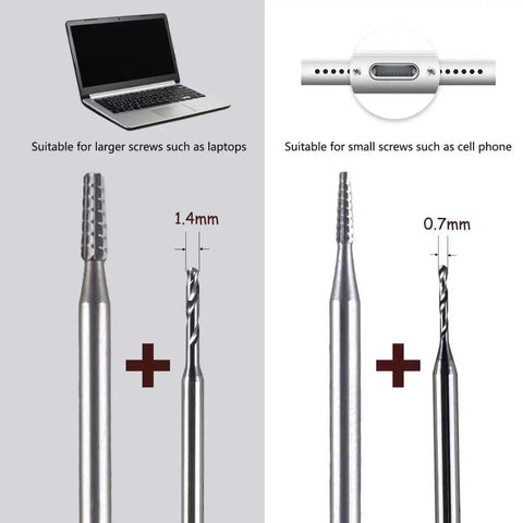 Cordless Rechargeable Broken Screw Extractor Kit With Four Tungsten Steel Drill Bits, large and small drill bits for laptops and phones.