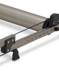 Close-up of adjustable rear roller on G2 Folding Bike Trainer with step guard and alloy rollers for ultra quiet operation.