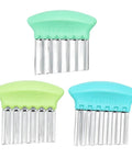 Front view of three melii stainless steel crinkle cutters with blue, mint, and lime handles (3-pack)